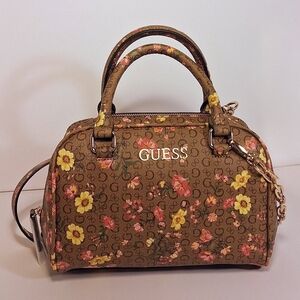GUESS Brown Floral Dome Satchel with Yellow & Pink Accents